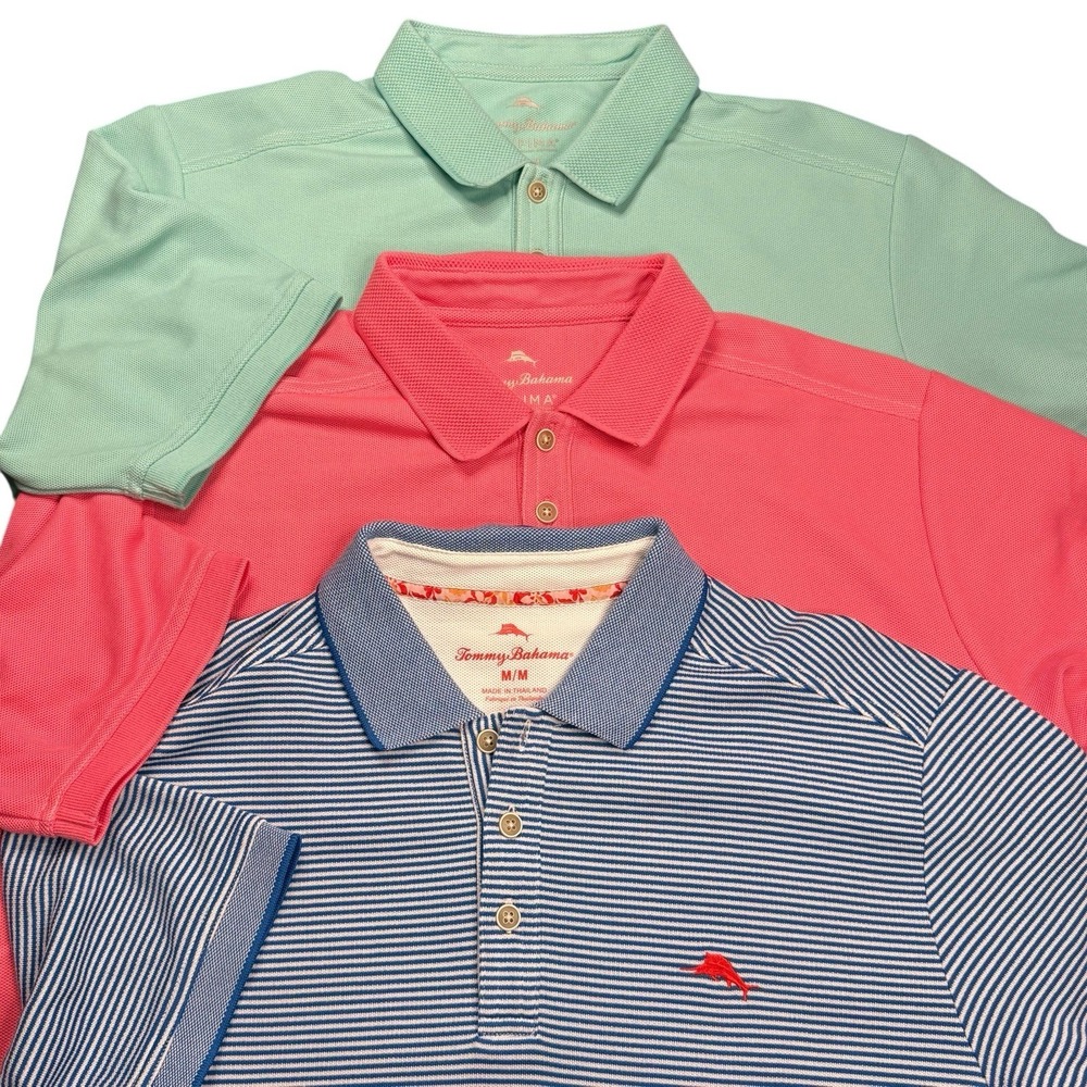 Tommy Bahama Medium Supima Cotton Golf Polo Shirt Lot Bundle Pink Green Blue